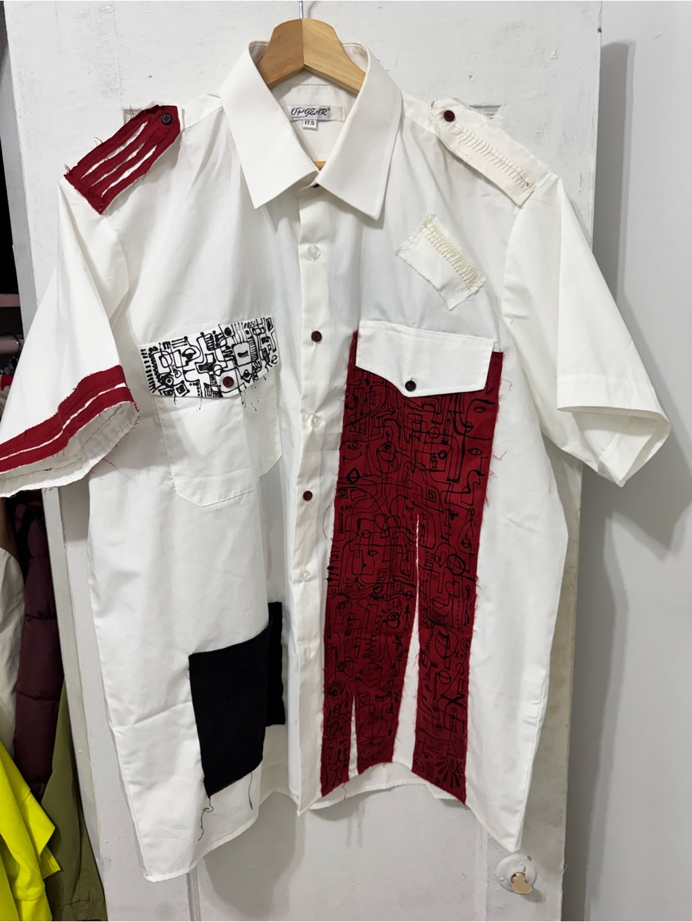 White Short-Sleeve Button-Down Shirt with Red Patchwork